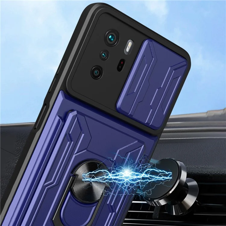 Supporto multiuso per anello Kickstand Design PC + Custodia per telefono TPU con copertura scorrevole per la fotocamera e porta carte staccabile per Xiaomi Redmi Note 10 Pro 4G (Globale)/(India) - Zaffiro