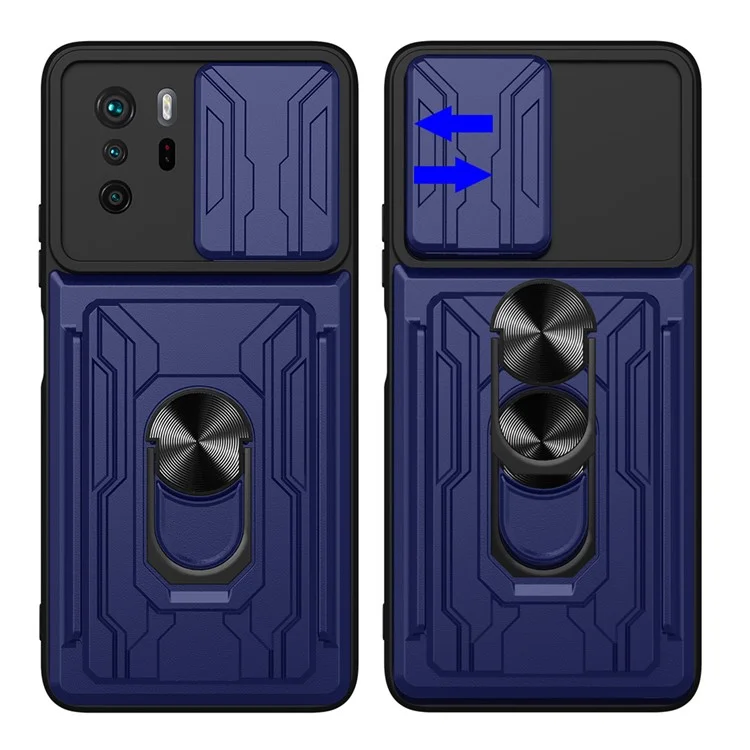 Supporto multiuso per anello Kickstand Design PC + Custodia per telefono TPU con copertura scorrevole per la fotocamera e porta carte staccabile per Xiaomi Redmi Note 10 Pro 4G (Globale)/(India) - Zaffiro