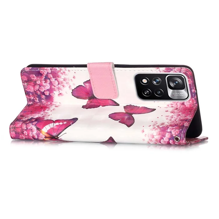 Custodia protettiva in pelle con stampa 3D, supporto e cinturino da polso per Xiaomi Redmi Note 11 Pro+ 5G/Redmi Note 11 Pro 5G (Cina) (MediaTek) - Rosa rosso farfalla