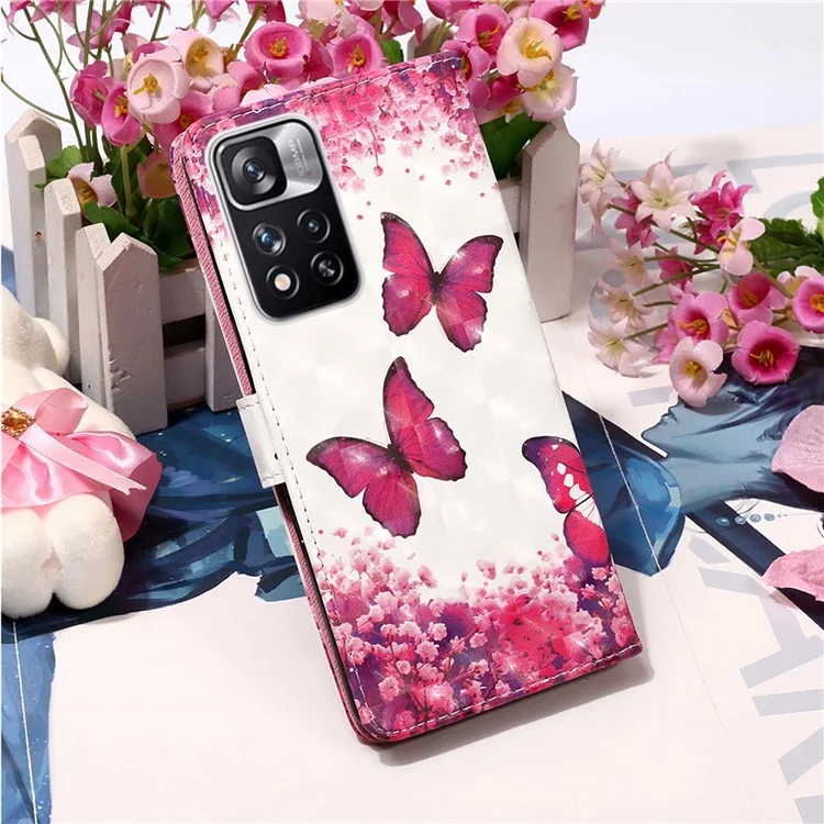 Custodia protettiva in pelle con stampa 3D, supporto e cinturino da polso per Xiaomi Redmi Note 11 Pro+ 5G/Redmi Note 11 Pro 5G (Cina) (MediaTek) - Rosa rosso farfalla