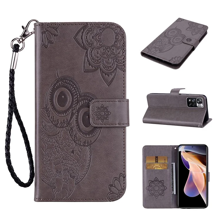 Décor de Ramine de Fleur de Chouette Empreinte Cuir PU + Couverture de Boîtier de Téléphone TPU Avec Portefeuille Stand Pour Xiaomi Redmi Note 11 Pro 5G (chine) (mediatek) / 11 Pro + 5G - Gris