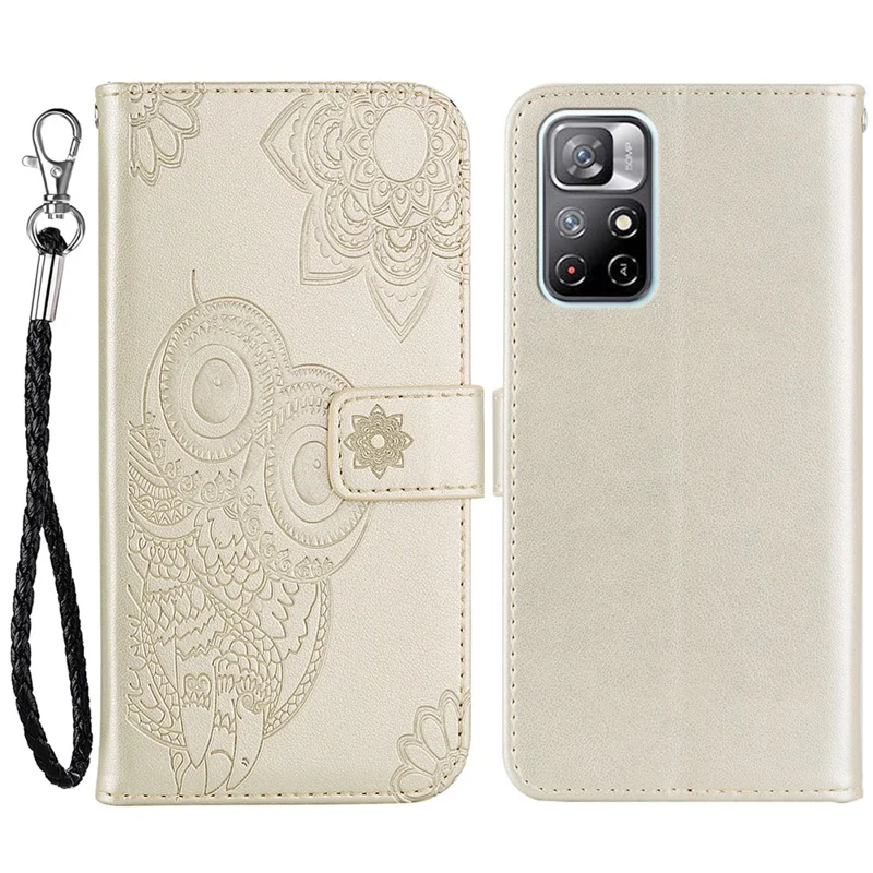 For Xiaomi Redmi Note 11 5G (China) (MediaTek)/Redmi Note 11T 5G/Note 11S 5G Anti-scratch PU Leather+TPU Flip Phone Case Stylish Imprinted Owl Flower Pattern Wallet Shell - Gold