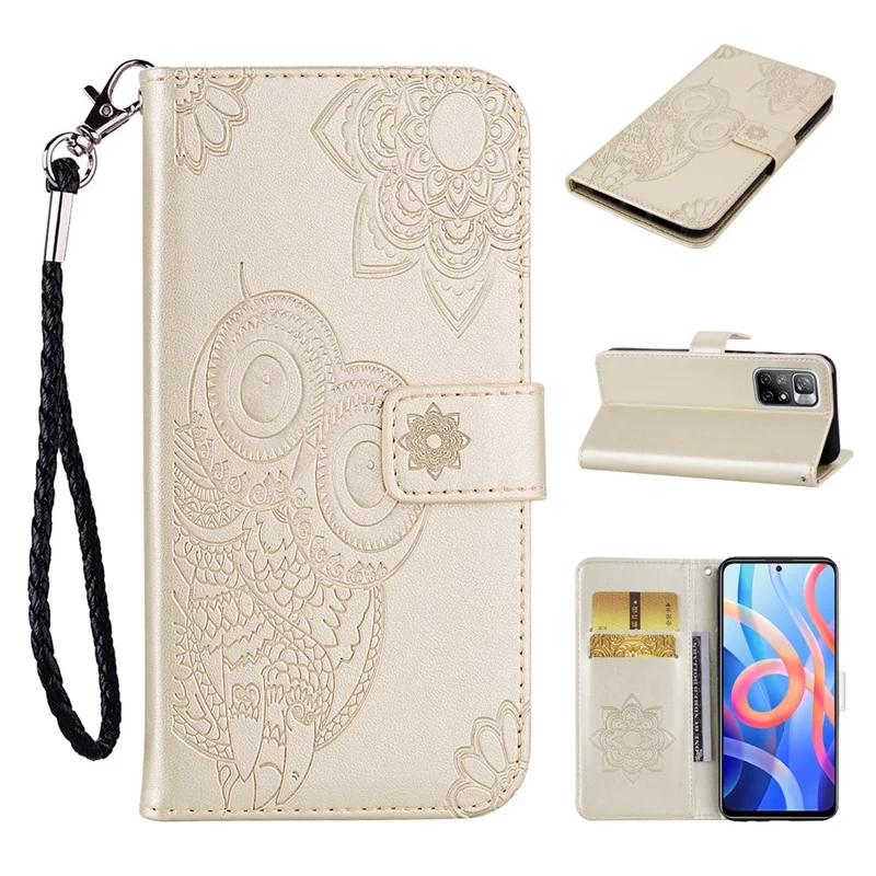 For Xiaomi Redmi Note 11 5G (China) (MediaTek)/Redmi Note 11T 5G/Note 11S 5G Anti-scratch PU Leather+TPU Flip Phone Case Stylish Imprinted Owl Flower Pattern Wallet Shell - Gold