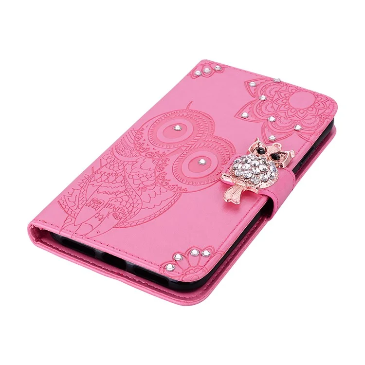 PU Leather Magnetic Clasp Rhinestone Decor Phone Case Wallet Stand Owl Flower Imprinted Shell Cover with Strap for Xiaomi Redmi Note 11 Pro 5G (China) (MediaTek)/11 Pro+ 5G - Rose