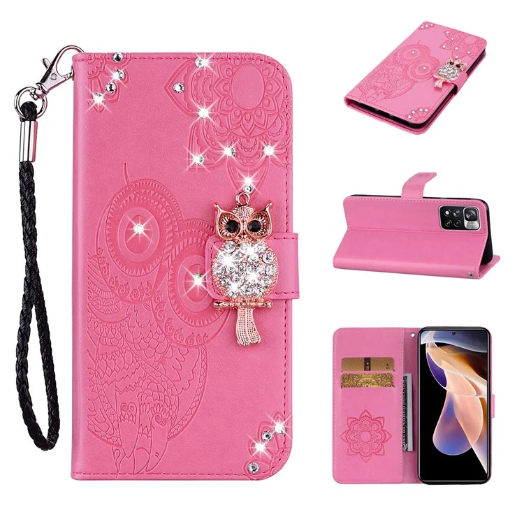 PU Leather Magnetic Clasp Rhinestone Decor Phone Case Wallet Stand Owl Flower Imprinted Shell Cover with Strap for Xiaomi Redmi Note 11 Pro 5G (China) (MediaTek)/11 Pro+ 5G - Rose