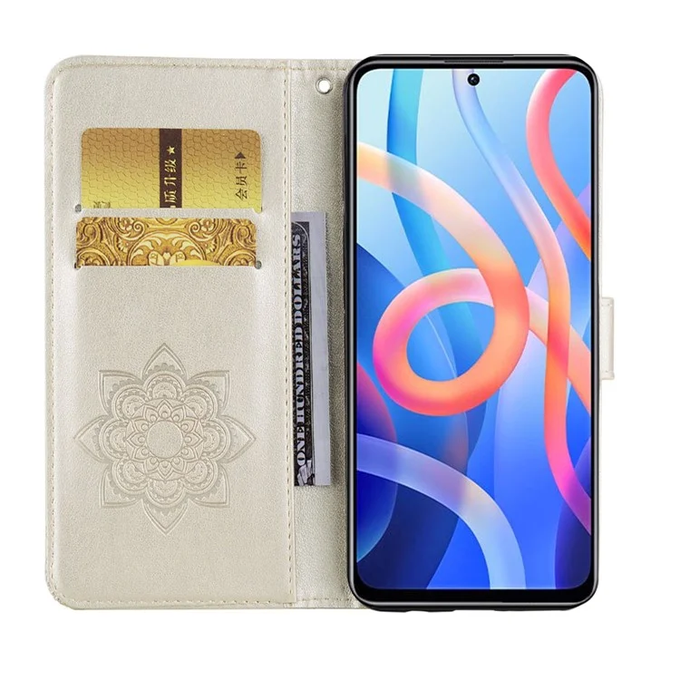 Caixa de Telefone Celular Decoração de Shinestone Flip PU c Outão Magnético de Couro Compatível Com Xiaomi Redmi Nota 11 5G (China) (MediaTek)/Redmi Nota 11t 5g/nota 11s 5g Carteira Coruja Flor Flor Impressão Shell - Ouro