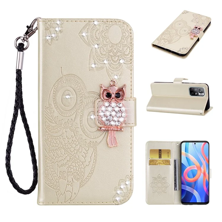 Custodia Per Telefono Cellulare Decorazione Decorazione Strass Flip PU Custodia a Chiusura Magnetica in Pelle Compatibile Per Xiaomi Redmi Nota 11 5G (cina) (mediatiatek)/redmi Nota 11t 5g/nota 11S 5G Wallet Stand Owl Floro Shelch Shell Exprinted Telefono Conchiglia - Oro