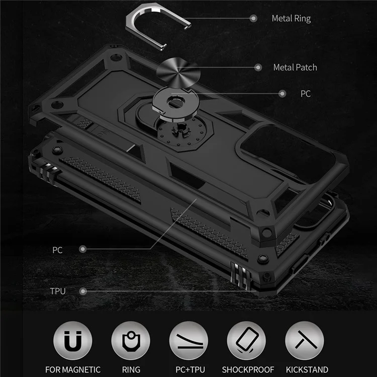 Anel Função Suporte Anti-Risco Resistente a Choques PC Rígido TPU Macio Caso Protetor para Xiaomi Redmi Note 11 5G (China) (MediaTek)/Redmi Note 11T 5G/Note 11S 5G - Preto