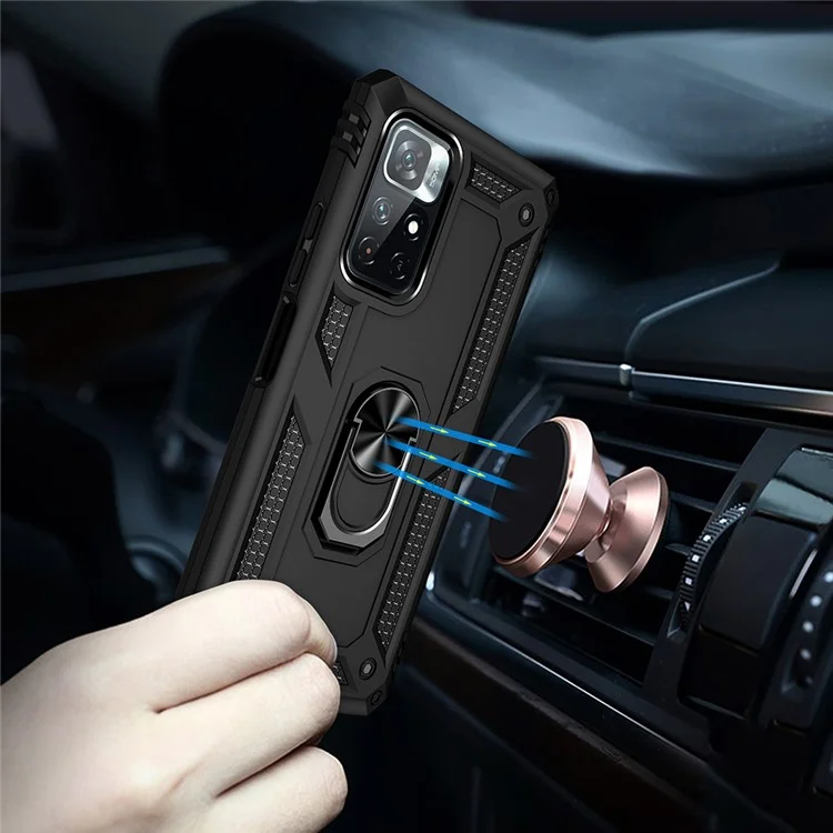 Anel Função Suporte Anti-Risco Resistente a Choques PC Rígido TPU Macio Caso Protetor para Xiaomi Redmi Note 11 5G (China) (MediaTek)/Redmi Note 11T 5G/Note 11S 5G - Preto