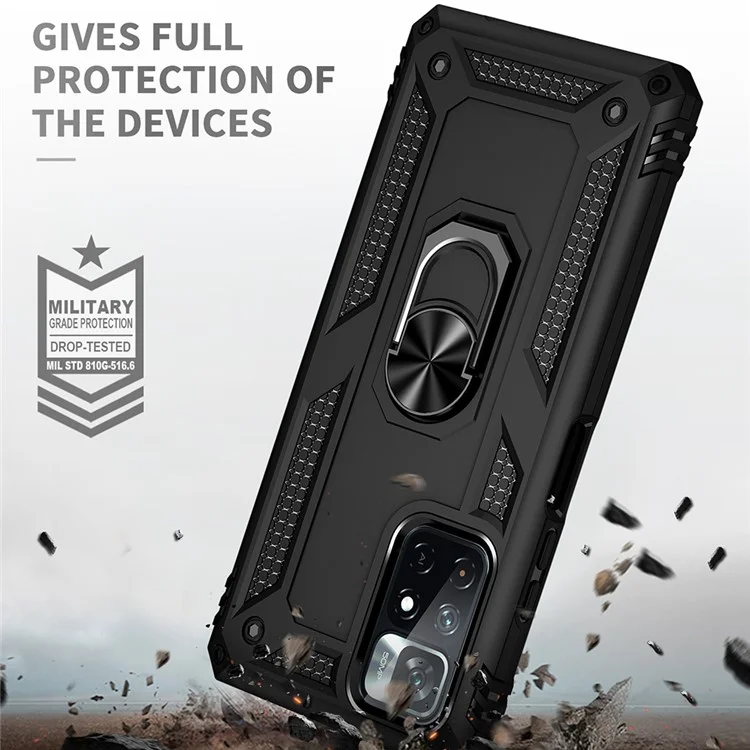 Anel Função Suporte Anti-Risco Resistente a Choques PC Rígido TPU Macio Caso Protetor para Xiaomi Redmi Note 11 5G (China) (MediaTek)/Redmi Note 11T 5G/Note 11S 5G - Preto