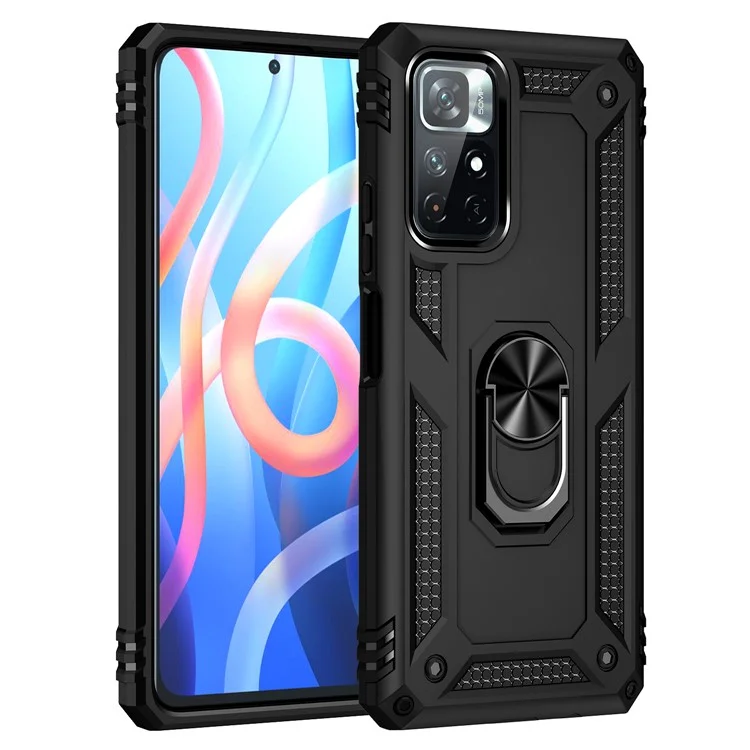 Anel Função Suporte Anti-Risco Resistente a Choques PC Rígido TPU Macio Caso Protetor para Xiaomi Redmi Note 11 5G (China) (MediaTek)/Redmi Note 11T 5G/Note 11S 5G - Preto