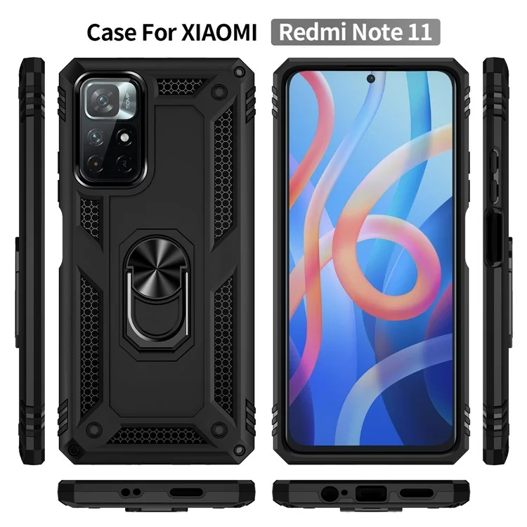 Anel Função Suporte Anti-Risco Resistente a Choques PC Rígido TPU Macio Caso Protetor para Xiaomi Redmi Note 11 5G (China) (MediaTek)/Redmi Note 11T 5G/Note 11S 5G - Preto