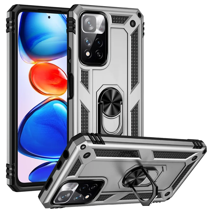 Drop-proof Anti-scratch Hard PC Soft TPU Mobile Phone Case with Ring Kickstand for Xiaomi Redmi Note 11 Pro 5G (China) (MediaTek)/Note 11 Pro+ 5G - Silver