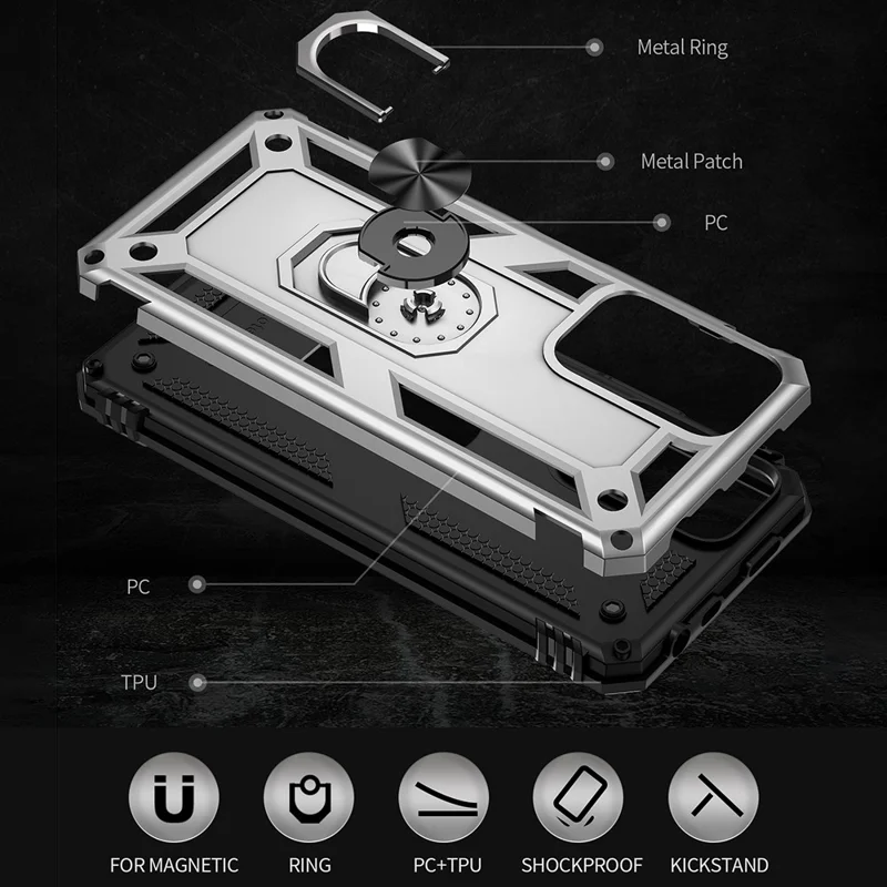Drop-proof Anti-scratch Hard PC Soft TPU Mobile Phone Case with Ring Kickstand for Xiaomi Redmi Note 11 Pro 5G (China) (MediaTek)/Note 11 Pro+ 5G - Silver