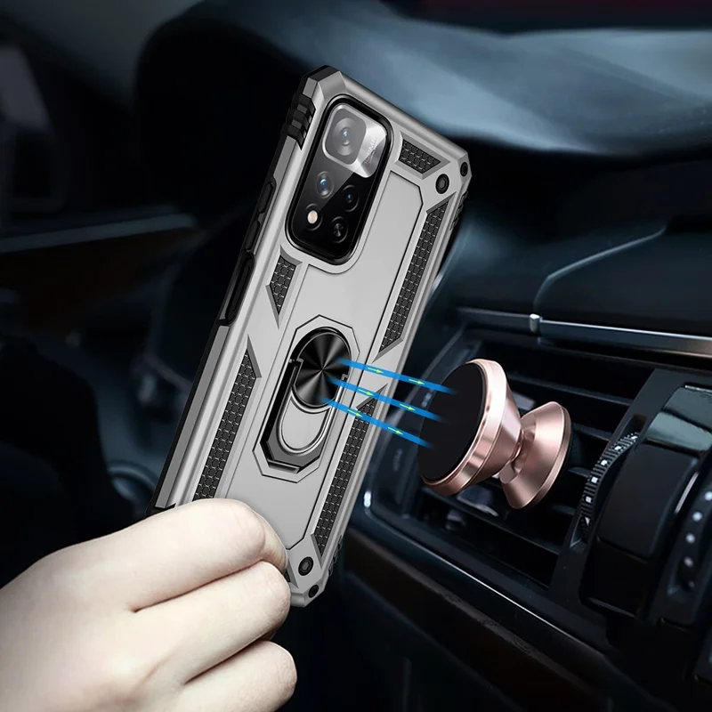 Drop-proof Anti-scratch Hard PC Soft TPU Mobile Phone Case with Ring Kickstand for Xiaomi Redmi Note 11 Pro 5G (China) (MediaTek)/Note 11 Pro+ 5G - Silver