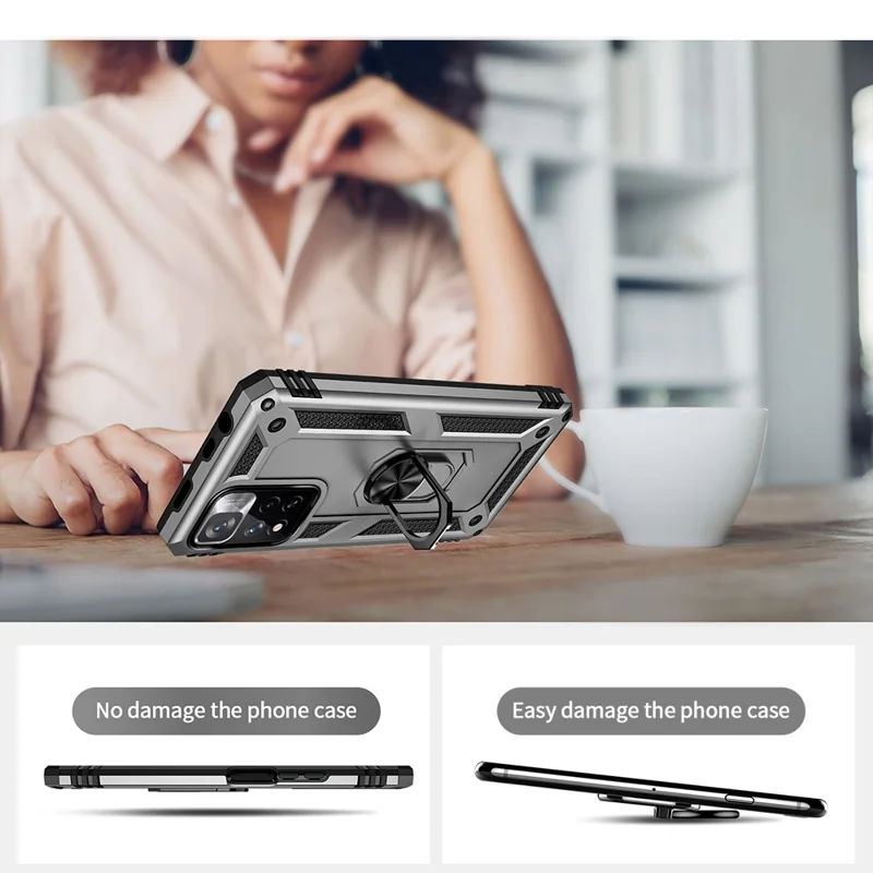 Drop-proof Anti-scratch Hard PC Soft TPU Mobile Phone Case with Ring Kickstand for Xiaomi Redmi Note 11 Pro 5G (China) (MediaTek)/Note 11 Pro+ 5G - Silver