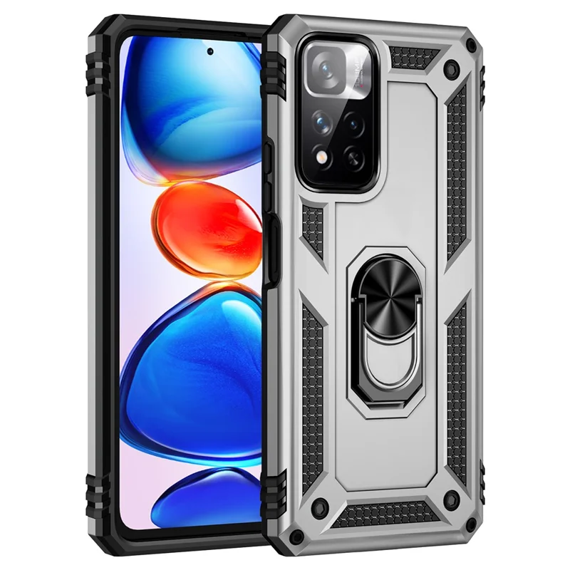 Drop-proof Anti-scratch Hard PC Soft TPU Mobile Phone Case with Ring Kickstand for Xiaomi Redmi Note 11 Pro 5G (China) (MediaTek)/Note 11 Pro+ 5G - Silver