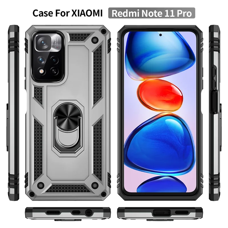 Drop-proof Anti-scratch Hard PC Soft TPU Mobile Phone Case with Ring Kickstand for Xiaomi Redmi Note 11 Pro 5G (China) (MediaTek)/Note 11 Pro+ 5G - Silver