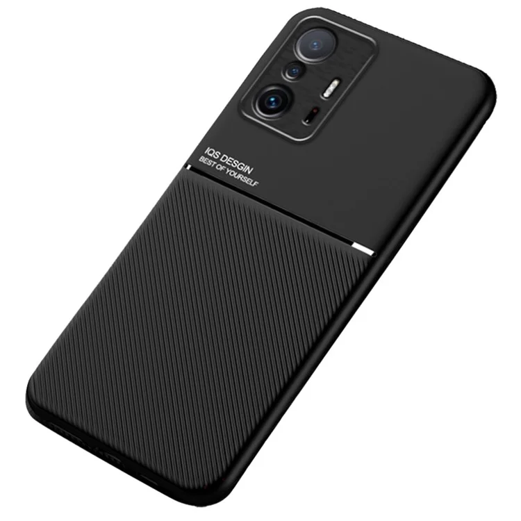 Текстурированная сумка для мобильного телефона из TPU + PU-кожи, ударопрочный чехол для телефона с встроенным магнитным металлическим листом для Xiaomi 11T Pro / Xiaomi 11T - черный