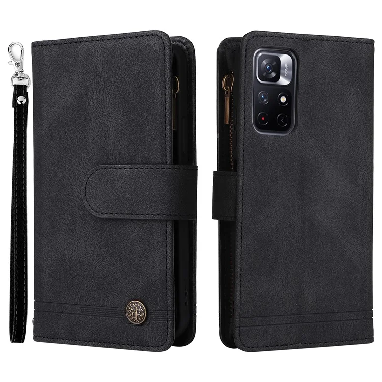 Cutanée PU en Cuir pu Slots de Cartes à Fermeture Éclair du Portefeuille à Zéro Strippositions Couvertures Imprendes Couvertures Pour Strap Pour Xiaomi Redmi Note 11 5G (chine) (mediatek) / Redmi Note 11T 5G / Note 11S 5G - le Noir