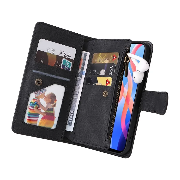 Cutanée PU en Cuir pu Slots de Cartes à Fermeture Éclair du Portefeuille à Zéro Strippositions Couvertures Imprendes Couvertures Pour Strap Pour Xiaomi Redmi Note 11 5G (chine) (mediatek) / Redmi Note 11T 5G / Note 11S 5G - le Noir