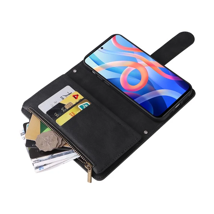 Cutanée PU en Cuir pu Slots de Cartes à Fermeture Éclair du Portefeuille à Zéro Strippositions Couvertures Imprendes Couvertures Pour Strap Pour Xiaomi Redmi Note 11 5G (chine) (mediatek) / Redmi Note 11T 5G / Note 11S 5G - le Noir