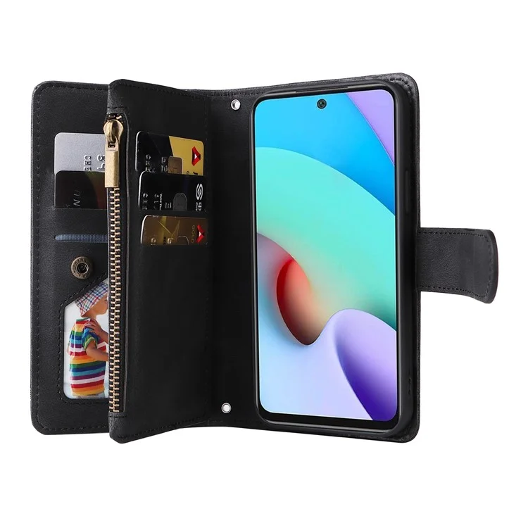 Para Xiaomi Redmi Note 11 4G (MediaTek) / Redmi 10 4G (2021) / Redmi 10 2022 4G / 10 Prime Capa de Couro de PU Wallet Stand Protective Cover - Preto