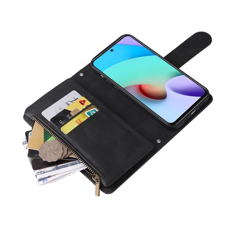 Para Xiaomi Redmi Note 11 4G (MediaTek) / Redmi 10 4G (2021) / Redmi 10 2022 4G / 10 Prime Capa de Couro de PU Wallet Stand Protective Cover - Preto