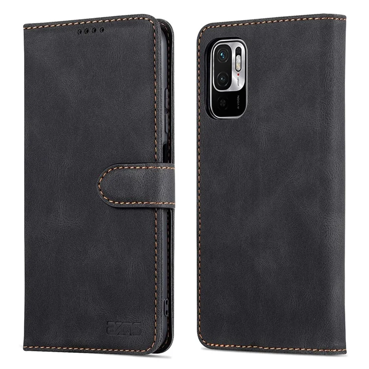 AZNS Leather Case Scratch-resistant Wallet Stand Phone Cover for Xiaomi Poco M3 Pro 4G/5G/Redmi Note 10 5G/Redmi Note 10T 5G - Black