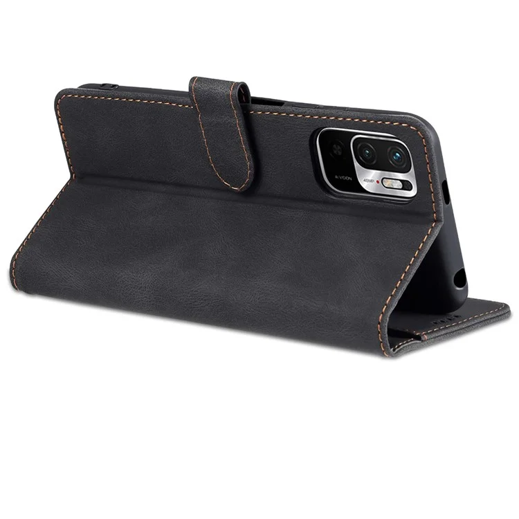 AZNS Leather Case Scratch-resistant Wallet Stand Phone Cover for Xiaomi Poco M3 Pro 4G/5G/Redmi Note 10 5G/Redmi Note 10T 5G - Black
