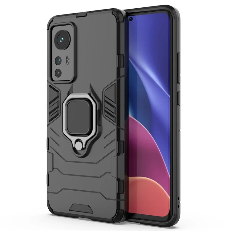 Hybrid Hard PC Soft TPU Doppelschutz Sturzsichere Hülle mit Ringhalterung und Ständer für Xiaomi 12 5G/12X 5G/12S 5G - Schwarz