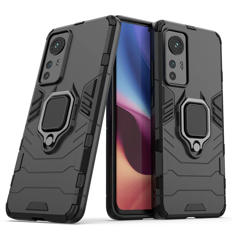 Hybrid Hard PC Soft TPU Doppelschutz Sturzsichere Hülle mit Ringhalterung und Ständer für Xiaomi 12 5G/12X 5G/12S 5G - Schwarz