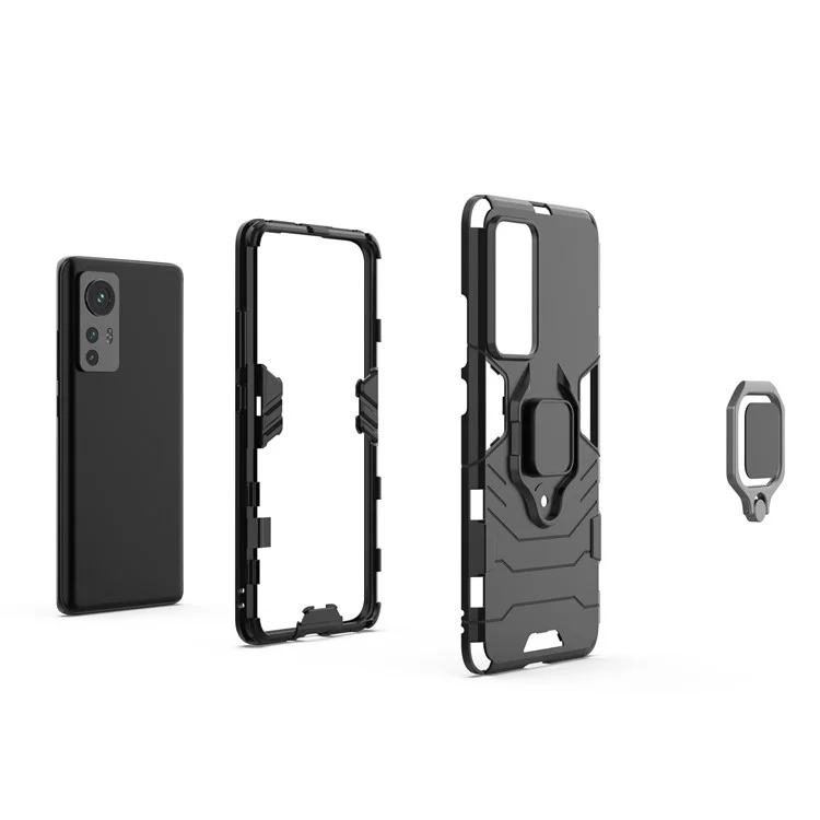 Hybrid Hard PC Soft TPU Doppelschutz Sturzsichere Hülle mit Ringhalterung und Ständer für Xiaomi 12 5G/12X 5G/12S 5G - Schwarz