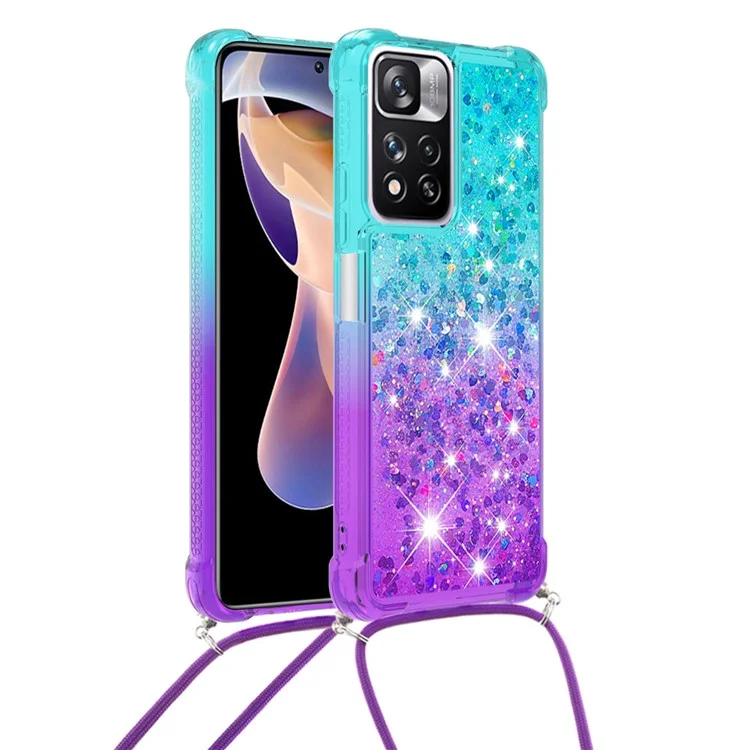 LE3-1 Serie Gradiente Colore Paillettes Quicksand TPU Cover Telefono Protetto con Cordino Lungo per Xiaomi Redmi Note 11 Pro+ 5G/Redmi Note 11 Pro 5G (Cina) (MediaTek) - Blu Cielo/Viola