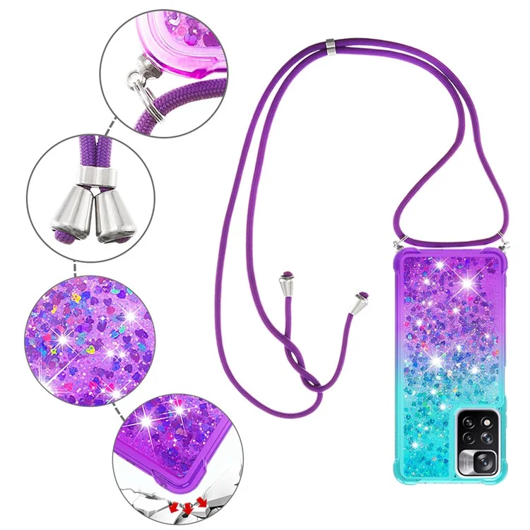 LE3-1 Serie Gradiente Colore Paillettes Quicksand TPU Cover Telefono Protetto con Cordino Lungo per Xiaomi Redmi Note 11 Pro+ 5G/Redmi Note 11 Pro 5G (Cina) (MediaTek) - Blu Cielo/Viola
