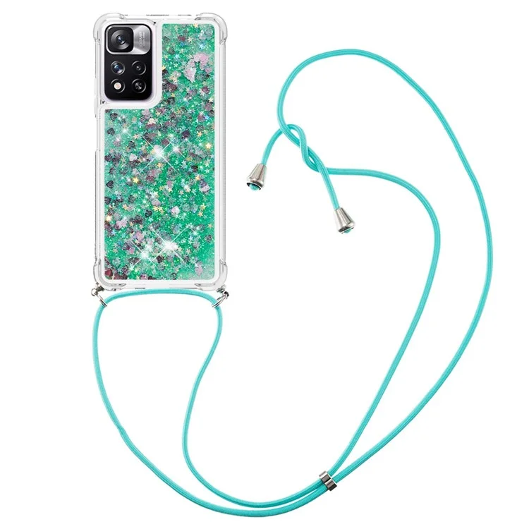 For Xiaomi Redmi Note 11 Pro+ 5G / Redmi Note 11 Pro 5G (China) (Mediatek) TPU Case Quicksand Phone Cover with Lanyard - Green / Heart