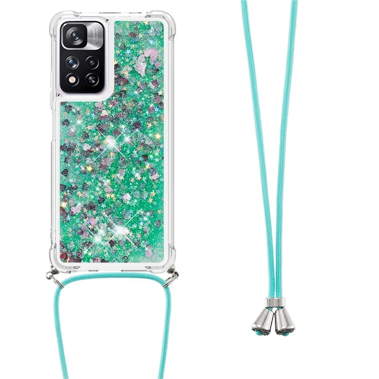 For Xiaomi Redmi Note 11 Pro+ 5G / Redmi Note 11 Pro 5G (China) (Mediatek) TPU Case Quicksand Phone Cover with Lanyard - Green / Heart