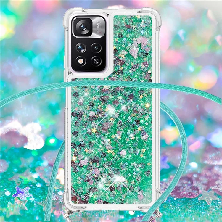 For Xiaomi Redmi Note 11 Pro+ 5G / Redmi Note 11 Pro 5G (China) (Mediatek) TPU Case Quicksand Phone Cover with Lanyard - Green / Heart