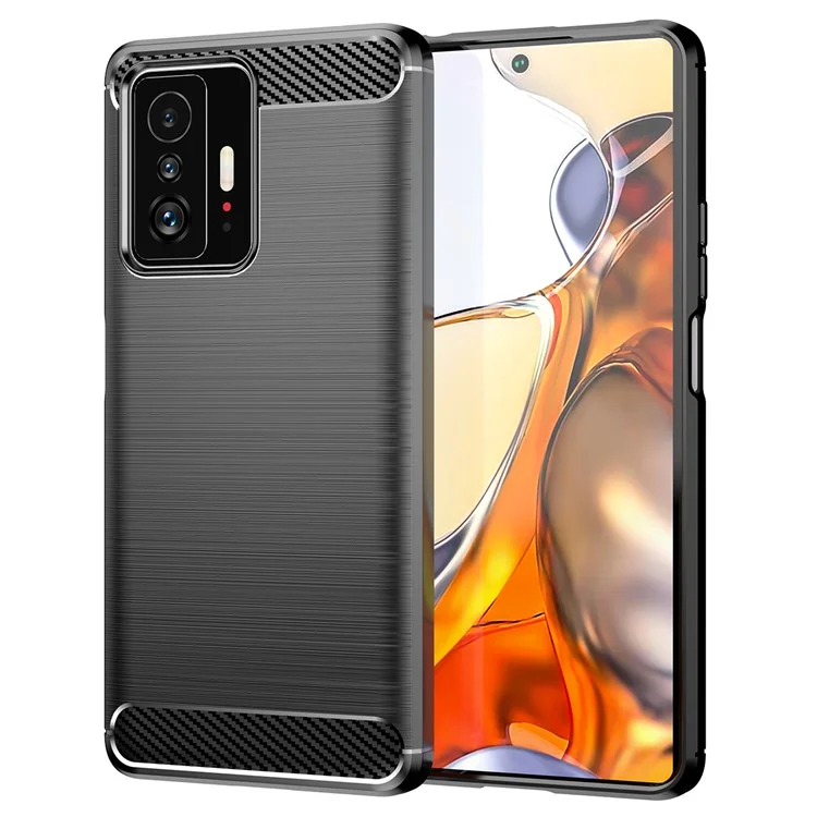 Capa traseira de celular com textura escovada em fibra de carbono de 1,8 mm, antiimpressão digital, flexível TPU para Xiaomi 11T Pro/11T - Preto