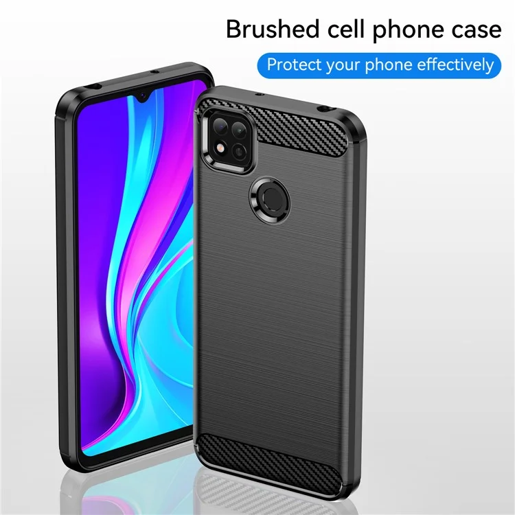 1.8mm Brushed Carbon Fiber Texture TPU Back Case Anti-fall Mobile Phone Cover for Xiaomi Poco C3/Poco C31/Redmi 9C/9C NFC/9 (India)/9 Activ - Black