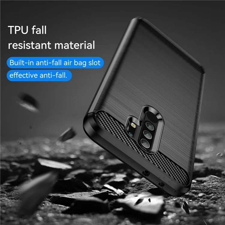 1.8mm Carbon Fiber Texture Brushed Back Protector Cover Cellphone TPU Case for Xiaomi Poco M2/M2 Reloaded/Redmi 9/Redmi 9 Prime (Global) - Black