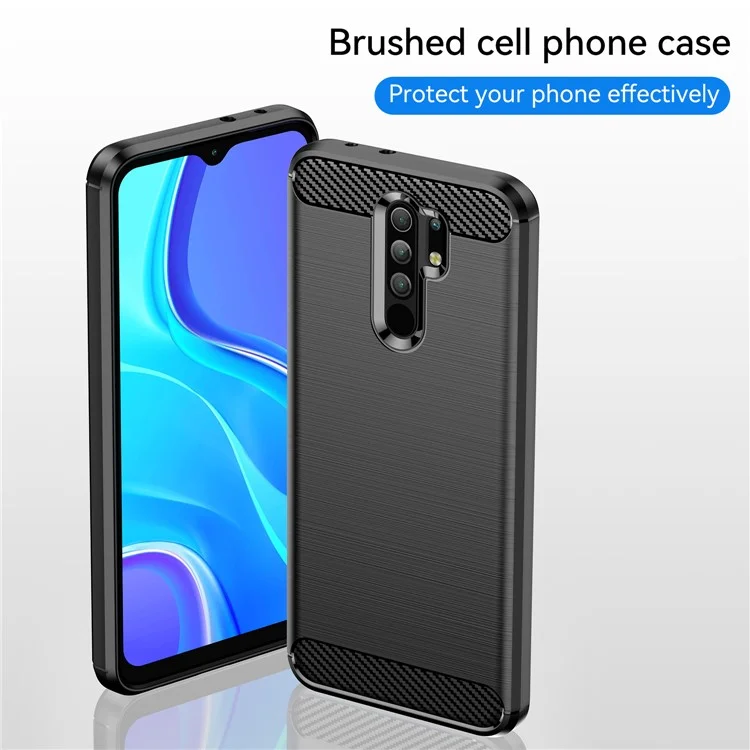 1.8mm Carbon Fiber Texture Brushed Back Protector Cover Cellphone TPU Case for Xiaomi Poco M2/M2 Reloaded/Redmi 9/Redmi 9 Prime (Global) - Black