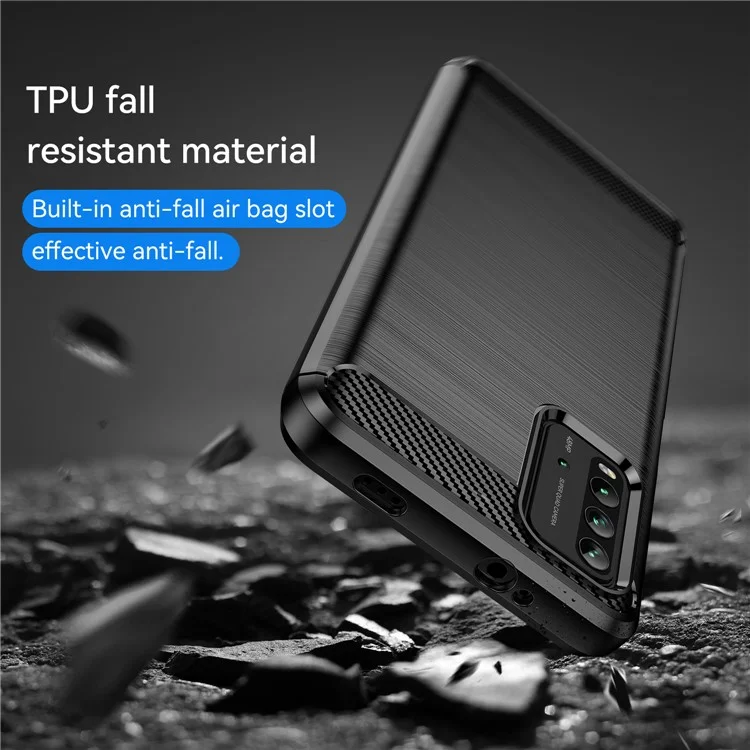 Étui de téléphone portable en fibre de carbone brossée anti-rayures de 1,8 mm pour Xiaomi Poco M3/Redmi 9 Power/Note 9 4G (Qualcomm Snapdragon 662)/Redmi 9T - Noir