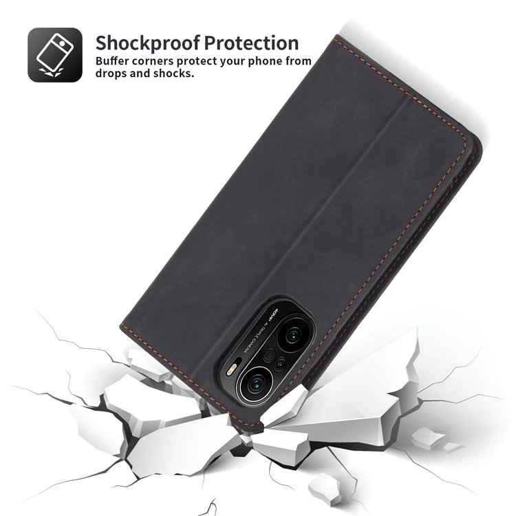 Capa de Couro Retrô POLA 008 Series, Suporte Dobrável, Carteira Magnética com Absorção Automática, Capa de Celular Flip para Xiaomi Mi 11i/Poco F3/Redmi K40/K40 Pro/K40 Pro+ - Preto