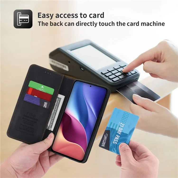 Capa de Couro Retrô POLA 008 Series, Suporte Dobrável, Carteira Magnética com Absorção Automática, Capa de Celular Flip para Xiaomi Mi 11i/Poco F3/Redmi K40/K40 Pro/K40 Pro+ - Preto
