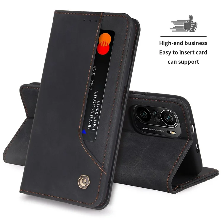 Capa de Couro Retrô POLA 008 Series, Suporte Dobrável, Carteira Magnética com Absorção Automática, Capa de Celular Flip para Xiaomi Mi 11i/Poco F3/Redmi K40/K40 Pro/K40 Pro+ - Preto