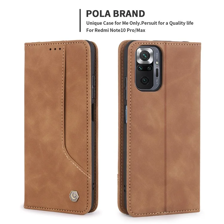 POLA 008 Serie Custodia in pelle PU retrò Custodia interna TPU Chiusura magnetica Stand Portafoglio Custodia per telefono per Xiaomi Redmi Note 10 Pro 4G (Global)/(India)/Note 10 Pro Max - Marrone 
