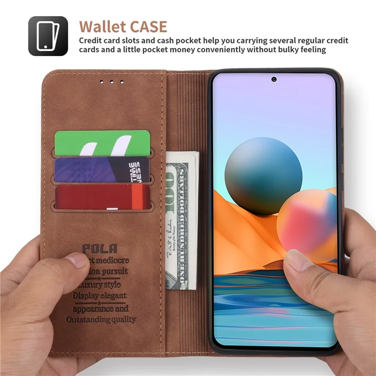 POLA 008 Serie Custodia in pelle PU retrò Custodia interna TPU Chiusura magnetica Stand Portafoglio Custodia per telefono per Xiaomi Redmi Note 10 Pro 4G (Global)/(India)/Note 10 Pro Max - Marrone 