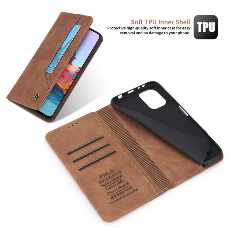 POLA 008 Serie Custodia in pelle PU retrò Custodia interna TPU Chiusura magnetica Stand Portafoglio Custodia per telefono per Xiaomi Redmi Note 10 Pro 4G (Global)/(India)/Note 10 Pro Max - Marrone 
