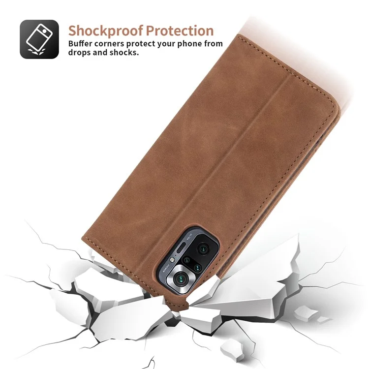 POLA 008 Serie Custodia in pelle PU retrò Custodia interna TPU Chiusura magnetica Stand Portafoglio Custodia per telefono per Xiaomi Redmi Note 10 Pro 4G (Global)/(India)/Note 10 Pro Max - Marrone 